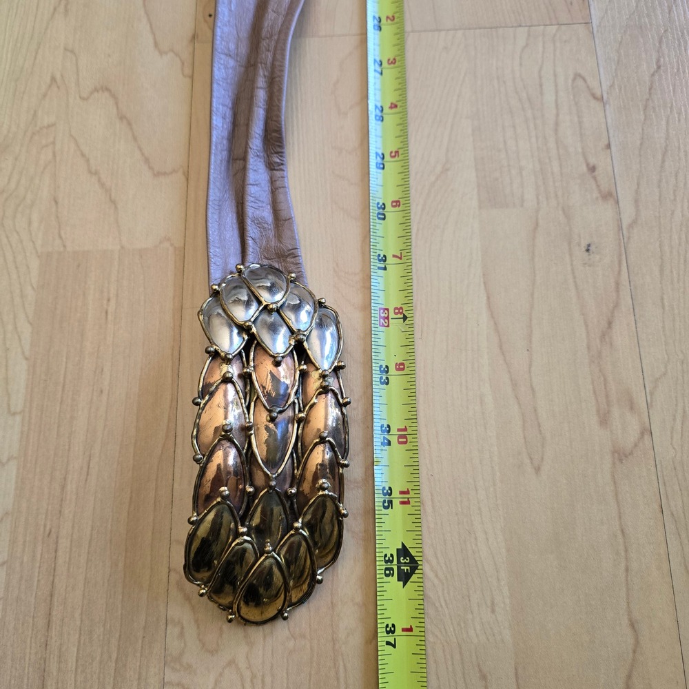 Vintage Mixed Metal Scale Buckle Leather Belt‎ Mauve Tan Statement Accessory - Picture 4 of 8